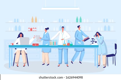 Laboratory coronavirus antivirus vaccine antiviral biology research doctors people concept with flask vector illustration. Scientists in laboratory, chemical virus researchers with lab equipment.