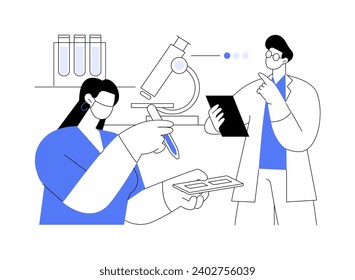 Ilustraciones de vectores de dibujos animados aislados en curso de laboratorio. Profesor supervisando la investigación de una joven colega médica y asesorándola en el laboratorio, el proceso educativo, la caricatura del vector de la vida estudiantil.