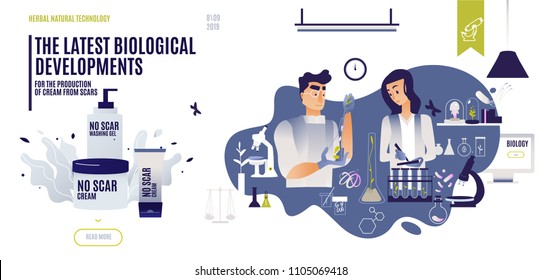 laboratory for the creation of a cream for the skin from scars. Scientists invent a cosmetology product on natural ingredients. complex means for skin treatment - cream, gel. Herbal cosmetic in lab