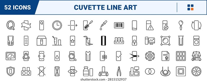 Laboratory cuvette spectroscopy line icon set covering clear, sides, spectrophotometer, and analysis concepts, thin linear illustration.
