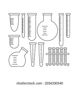 Laboratory devices made of glassware in a linear style. A set of flasks for research and chemical experiments. Vector illustration of a contour on a white background.