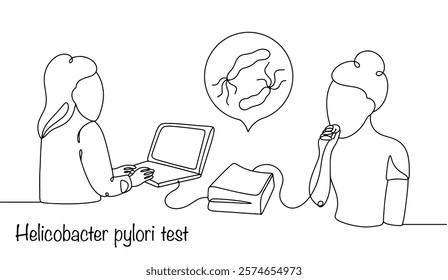 Laboratory diagnosis of infection caused by Helicobacter pylori, based on analysis of exhaled air samples. A woman is being diagnosed for the presence or absence of bacteria in a doctor’s office.