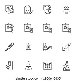 Laboratory diagnosis line icons set, outline vector symbol collection, linear style pictogram pack. Signs, logo illustration. Set includes icons as medical record, ultrasound, lab test tube, x-ray