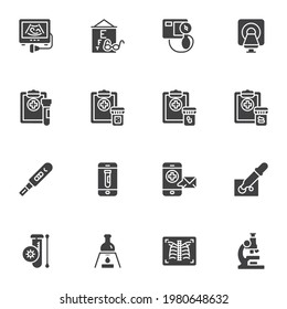 Laboratory diagnosis vector icons set, modern solid symbol collection, filled style pictogram pack. Signs, logo illustration. Set includes icons as medical record, ultrasound, lab test tube, x-ray