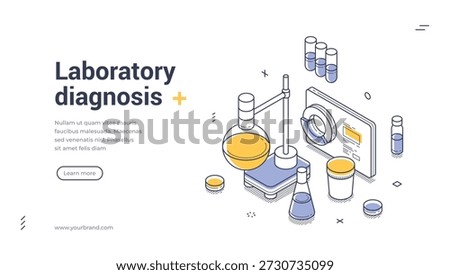 Laboratory diagnosis web banner. Isometric template for medical research. Vector illustration with lab equipment like flasks and test tubes for a modern science or healthcare landing page
