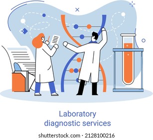 Laboratory diagnostic services metaphor, health indicators research treatment medical examination clinic. Health care and routine survey by doctor. Analyzes prescriptions of medications, lab equipment