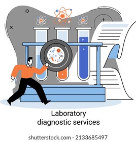 Laboratory diagnostic services metaphor, health indicators research treatment medical examination clinic. Health care and routine survey by doctor. Analyzes prescriptions of medications, lab equipment