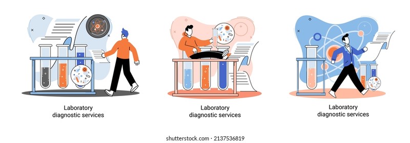 Laboratory diagnostic services metaphor, health indicators research treatment medical examination clinic. Health care and routine survey by doctor. Analyzes prescriptions of medications, lab equipment