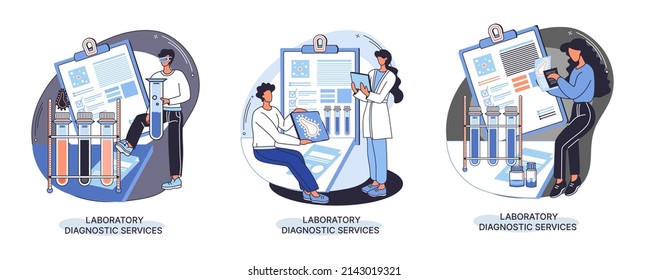 Laboratory diagnostic services metaphor, health indicators research treatment medical examination clinic. Health care and routine survey by doctor. Analyzes prescriptions of medications, lab equipment