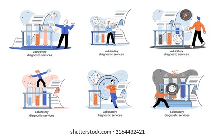 Laboratory diagnostic services metaphor, health indicators research treatment medical examination clinic. Health care and routine survey by doctor. Analyzes prescriptions of medications, lab equipment