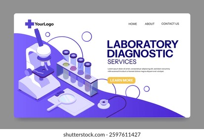 Laboratory diagnostic services web page design with a microscope, test tubes, and medical tools on a white and purple background. Concept of medical research. Vector illustration