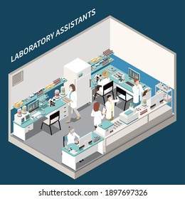 Laboratory diagnostics analysis service isometric composition with view of lab room with test equipment and workers vector illustration