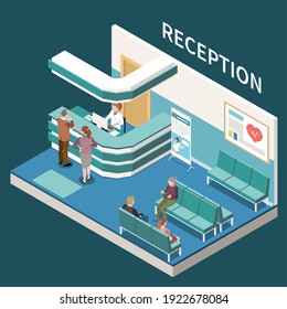 Laboratory diagnostics analysis service isometric composition with view of clinics lobby and patients waiting for result vector illustration