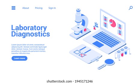 Concepto de diagnóstico de laboratorio. Plantilla de la página de inicio o del banner web. 3d ilustración de elementos de laboratorio. Microscopio, ampollas, magnificador, ADN, tableta, tubos de ensayo.