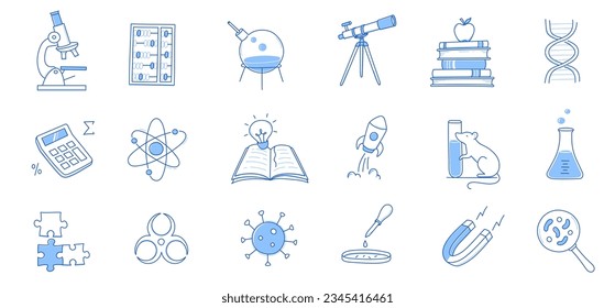 Laboratory doodle icon set. Hand drawn sketch line doodle style scientific education, chemistry laboratory, medicine experiment icon. Microscope, atom, magnet outline element. Vector illustration.