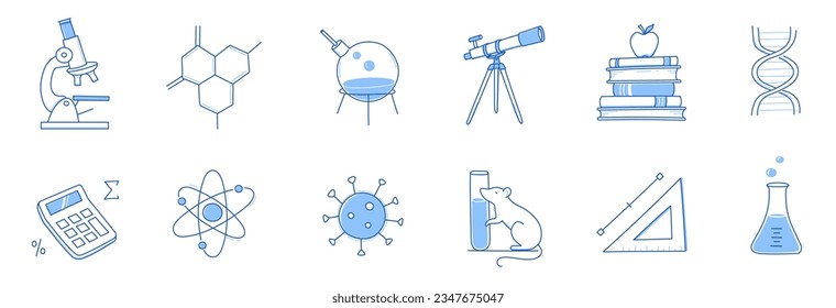 Laboratory doodle icon set. Hand drawn sketch line doodle style scientific education, chemistry laboratory, medicine experiment icon. Microscope, atom, magnet outline element. Vector illustration.