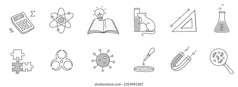 Juego de iconos de garabatos de laboratorio. Dibujo a mano línea de doodle estilo educación científica, laboratorio de química, ícono de experimento de medicina. Microscopio, átomo, elemento de contorno del imán. Ilustración vectorial.