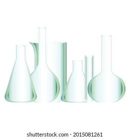 Laboratorio vacío de vidrio transparente con tubos, conos y frascos ilustrados en vectores aislados en fondo blanco.
