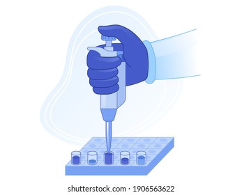 Equipo de laboratorio para análisis. La mano del doctor sostiene en los frascos líquidos de prueba de goteo automático de pipeta. Proceso de pruebas para el coronavirus covid-19 o diagnóstico de otras enfermedades. Ilustración del vector