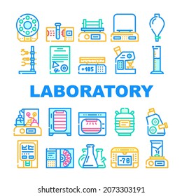 Laboratory Equipment For Analysis Icons Set Vector. Digital Scales And Microscope, Electronic Centrifuge And Heating Plate, Autoclave And Shaker Laboratory Tools Line. Color Illustrations