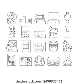 Laboratory Equipment For Analysis Icons Set Vector. Digital Scales And Microscope, Electronic Centrifuge And Heating Plate, Autoclave And Shaker Laboratory Tools Contour Illustrations