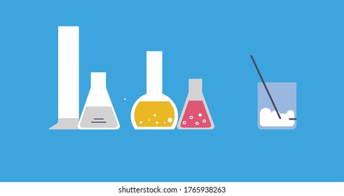 Laboratory equipment background. Modern illustration slider site page. Equipment for chemical experiments concept. Laboratory flasks for experiments and experiments web banner. Vector design image.