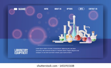 Laboratory equipment banner web design vector illustration. Different glassware and liquid for analysis, test tubes with orange, yellow and red liquid. Chemical and biological experiments.