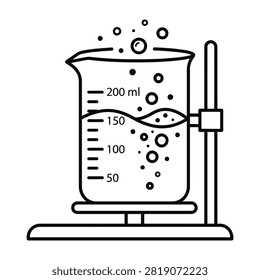 Laboratory equipment beaker on hot plate with bubbles rising in clear liquid science experiment