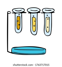 Laboratory equipment in black and white outlined doodle style. Education concept with realistic lab test tube and sketch science symbols vector illustration. Hand drawn childish chemistry and science