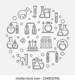 Laboratory equipment and chemical glassware vector science and chemistry round concept outline illustration