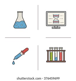 Laboratory equipment color icons set. Laboratory flask and pipette. Pharmacy liquid measurement. Chemical and medical laboratory beaker. Scientific glass. Logo concepts. Vector isolated illustrations