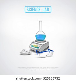 Composición de equipos de laboratorio con escalas científicas profesionales y lentes químicos de recipientes ilustraciones vectoriales planas