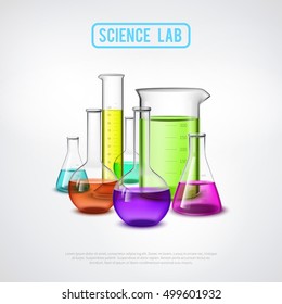 Laboratory equipment composition with realistic glass test tubes colorful liquids flat isolated vector illustration 