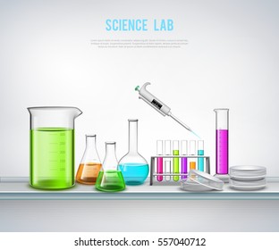 Laboratory equipment composition with syringe bottles tubes realistic symbols on blank background flat vector illustration