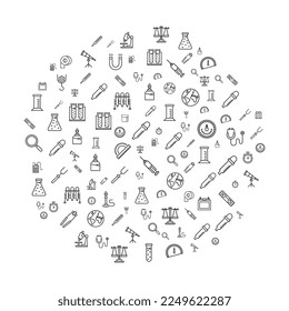 laboratory equipment concept in circle with clean and simple icons, Infographic idea of making creative products. Template for website banner, flyer and poster. 