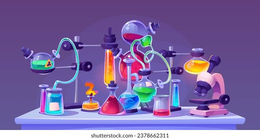 Laboratory equipment during chemical or medical science experiment. Glass beakers and flasks with colorful liquids , pipes and microscope on table. Lab room research glassware and materials.