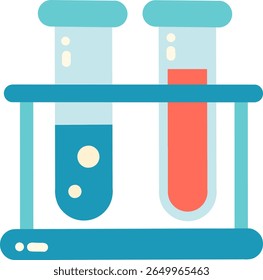 Equipamento de laboratório com dois tubos de ensaio, um recheado com líquido azul e outro com líquido vermelho, colocados em repouso. Isso representa experimentação e análise científicas
