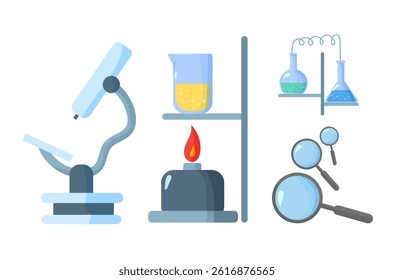 Laboratory equipment with flask molecule dna test tube proton microscope chemical experiment research liquid science web elements outline icon vector set thin line graphic

