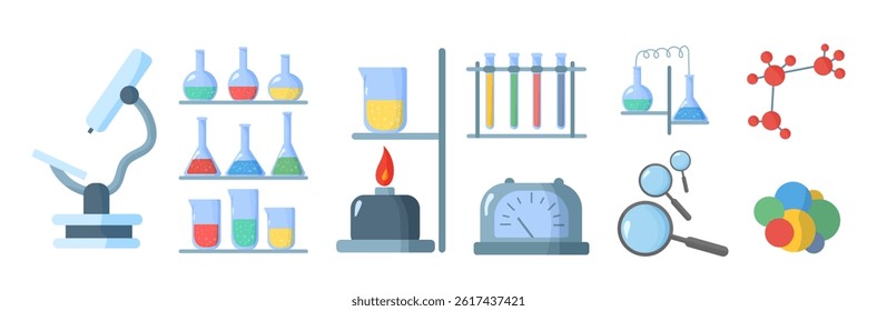 Laboratory equipment with flask molecule dna test tube proton microscope chemical experiment research liquid science web elements outline icon vector set thin line graphic

