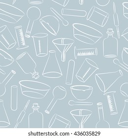 Laboratory equipment and flasks on a blue background pattern