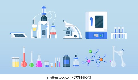 Laboratory equipment flat color vector objects set. Science lab tools. Pharmaceutical research center instruments isolated cartoon illustrations pack for web graphic design and animation