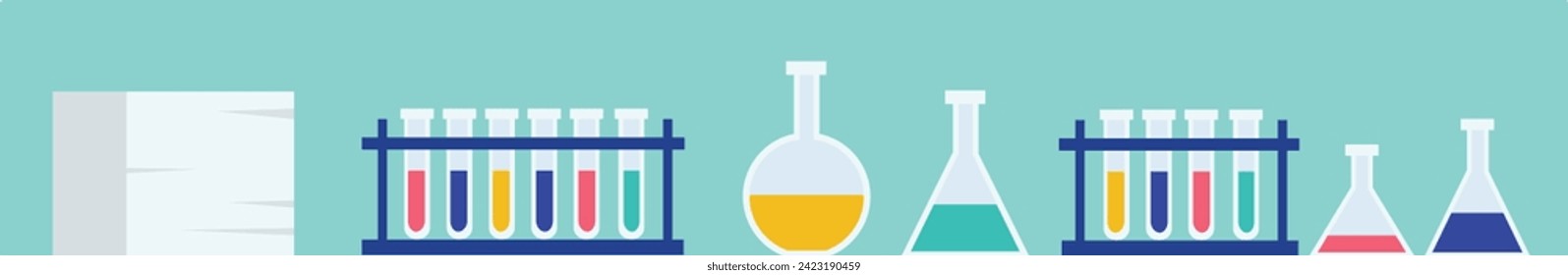 Laboratory equipment flat design illustration. Science experiment with test tubes, beakers, and flasks. Chemical, research graphic colorful, liquids