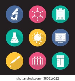 Laboratory equipment flat design long shadow icons set. Research biological science lab tools. Scientific, pharmaceutical and medical lab items. Logo concepts. Vector white silhouette illustrations
