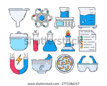 Laboratory Equipment Flat design style, clean science icons including beaker test tube microscope and lab tools ideal for research education chemistry and medical design projects