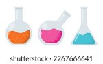 Laboratory equipment. Flat glass tubes, flask, glass and other chemical and medical laboratory measuring equipment. Vector illustration science concept isolated on background