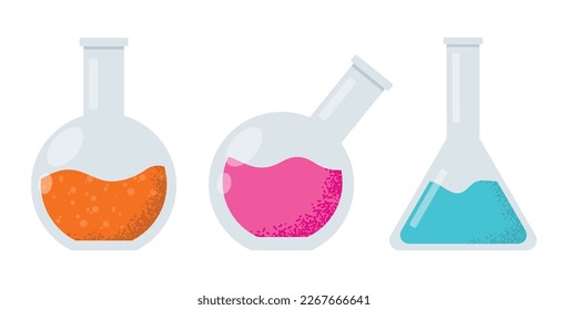 Laboratory equipment. Flat glass tubes, flask, glass and other chemical and medical laboratory measuring equipment. Vector illustration science concept isolated on background