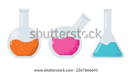 Laboratory equipment. Flat glass tubes, flask, glass and other chemical and medical laboratory measuring equipment. Vector illustration science concept isolated on background