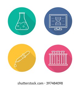 Laboratory Equipment Flat Linear Long Shadow Icons Set. Lab Flask And Pipette Drop. Test Tubes Rack, Dna Strand Research Computer Formula, Dropper. Vector