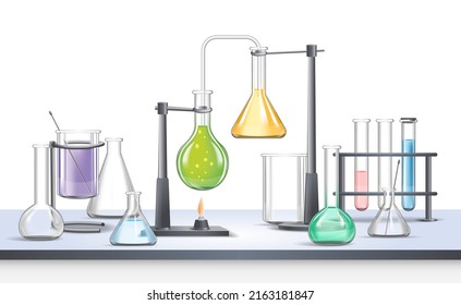 Laborgeräte, Glas, Teströhren u. a. auf weißem Hintergrund, realistische Vektorgrafik