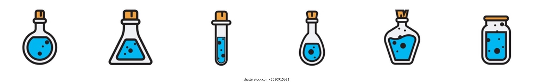 Vidrio del equipo de laboratorio, tubos de prueba del laboratorio, botella química y química, vidrio del equipo de laboratorio, Ilustración vectorial simple del icono. Aislado sobre fondo blanco. 